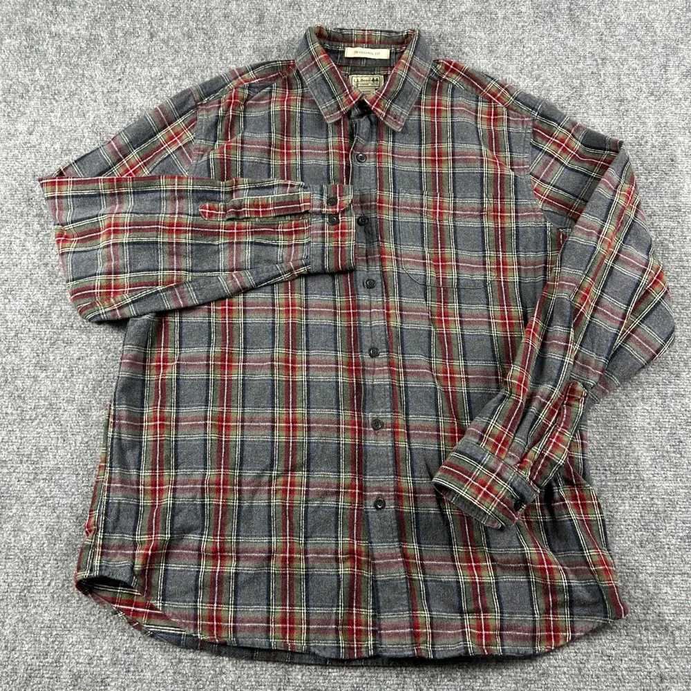 L.L. Bean Flannel Shirt Mens Large Grey Red Scotch Plaid Traditional Fit Outdoor